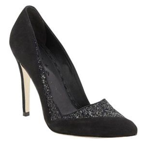 Alice + Olivia Deon Pointed Toe Pumps Sz 40.5 Black Glitter Suede Stiletto Heels